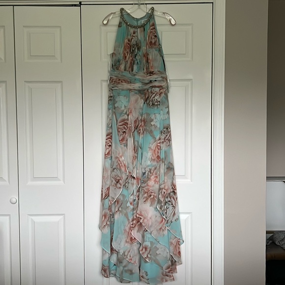 Calvin Klein Maxi Light Blue Floral Dresss With Beaded Neckline - Picture 1 of 4